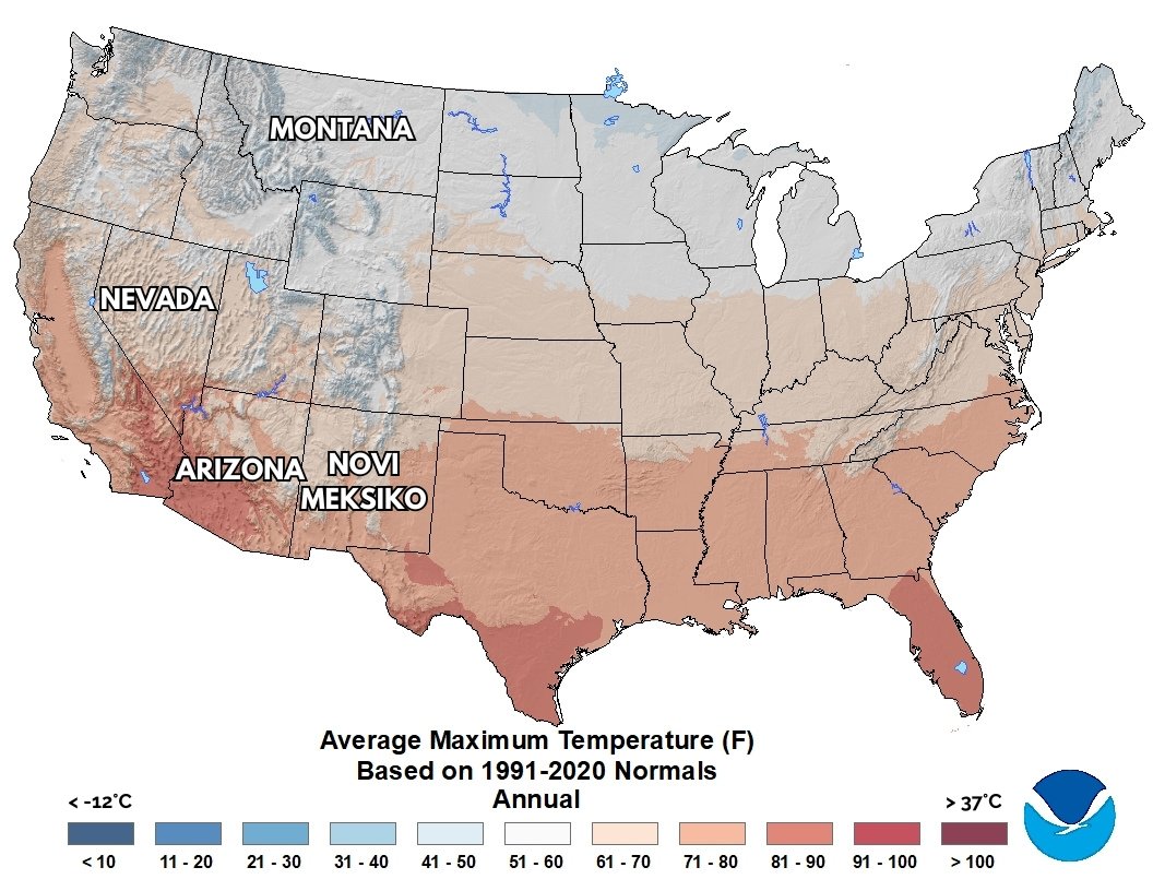 Prosječne maksimalne temperature SAD-a. Prilagođeno slika preuzeta sa sajta: ncei.noaa.gov/access/climateatlas/